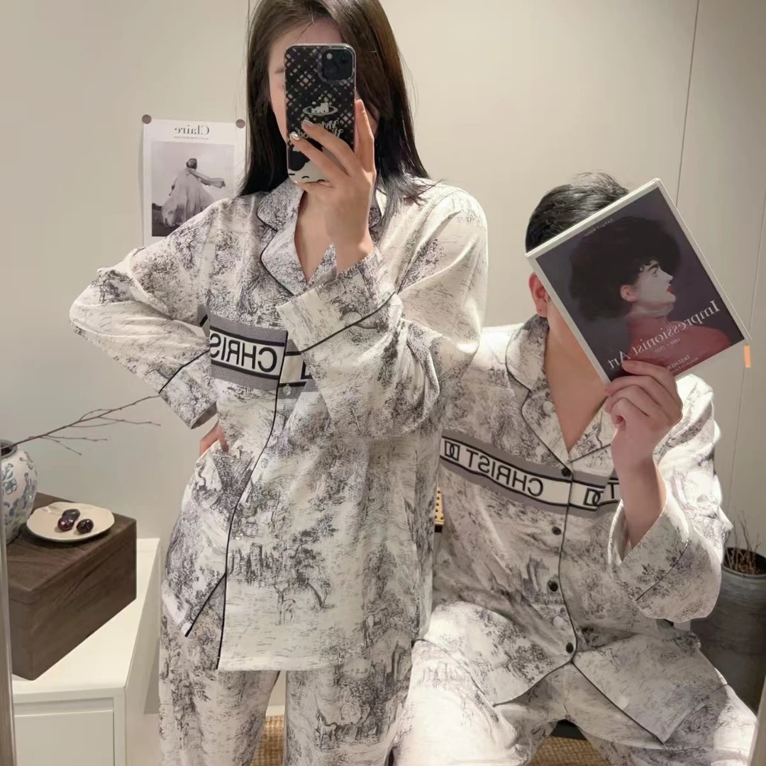 高级感可外穿冰丝情侣春秋季薄款轻奢印花女两件套HTT家居服