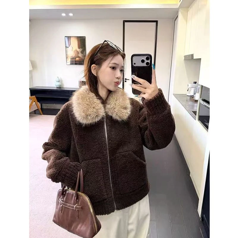 实价#半边绒#复古毛领羊羔毛长袖外套女2025秋冬新款保暖拉链上衣