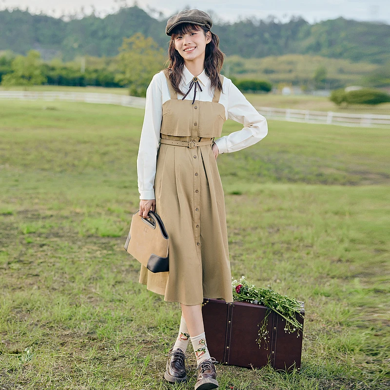 紫涵英伦学院风假两件连衣裙女秋季收腰一排扣A字中长Z3Z07BS201