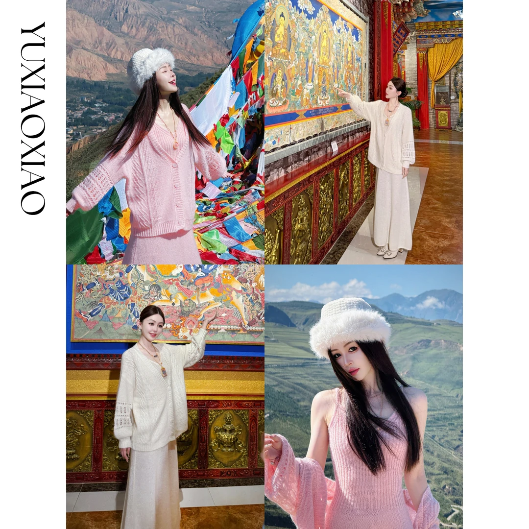 余潇潇【香肩白富美】绵羊毛马海毛羊驼毛混纺镂空开衫毛衣&连衣裙