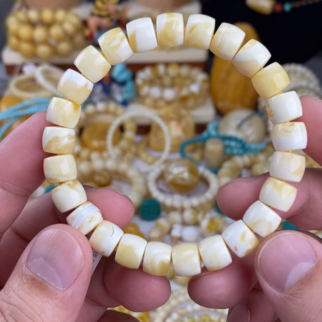 蜜蜡未镶嵌手链瓷白白蜡妖花9.6mm直切