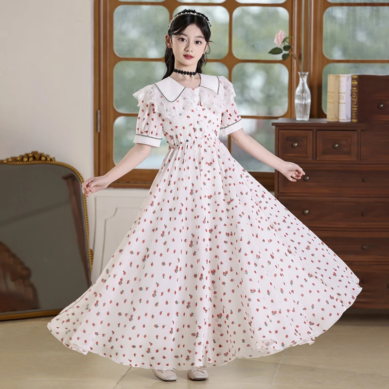 女童新款公主裙气质法式短袖长款连衣收腰女童连衣裙裙子夏季夏款