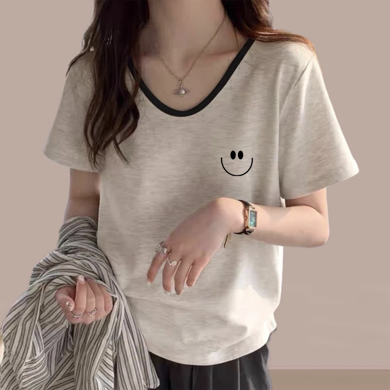 美式复古棉V领短袖t恤女2025夏季新款休闲宽松显瘦米灰色上衣潮