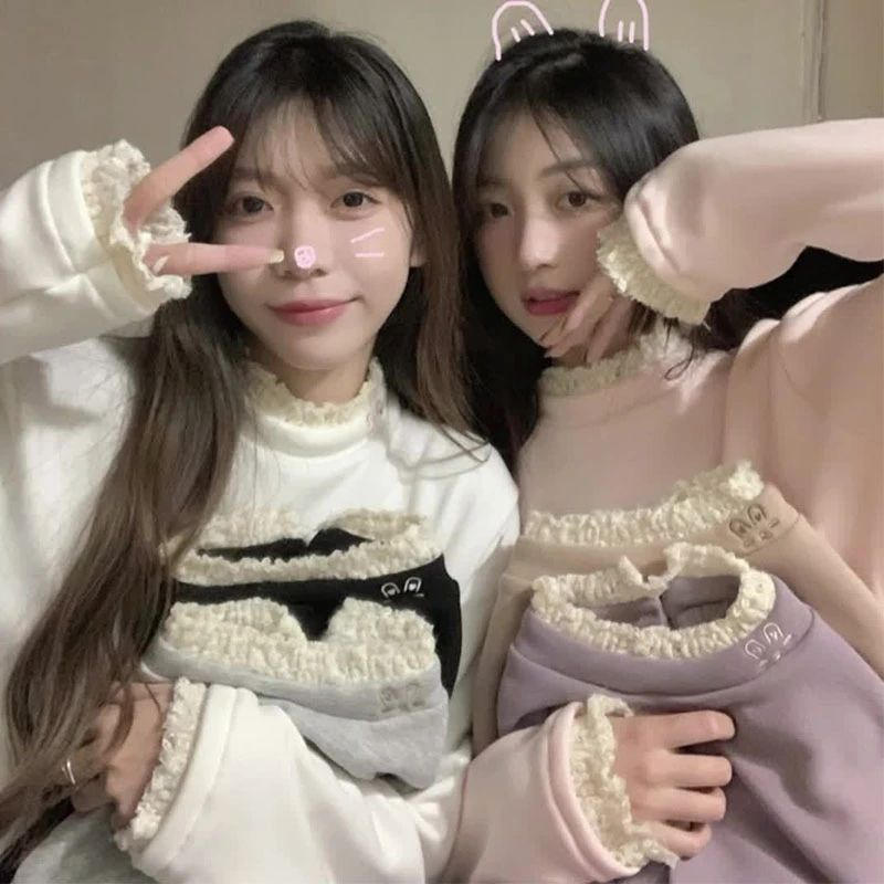 太百搭了吧！蕾丝花边德绒半高领打底衫女秋冬季修身加厚长袖T恤