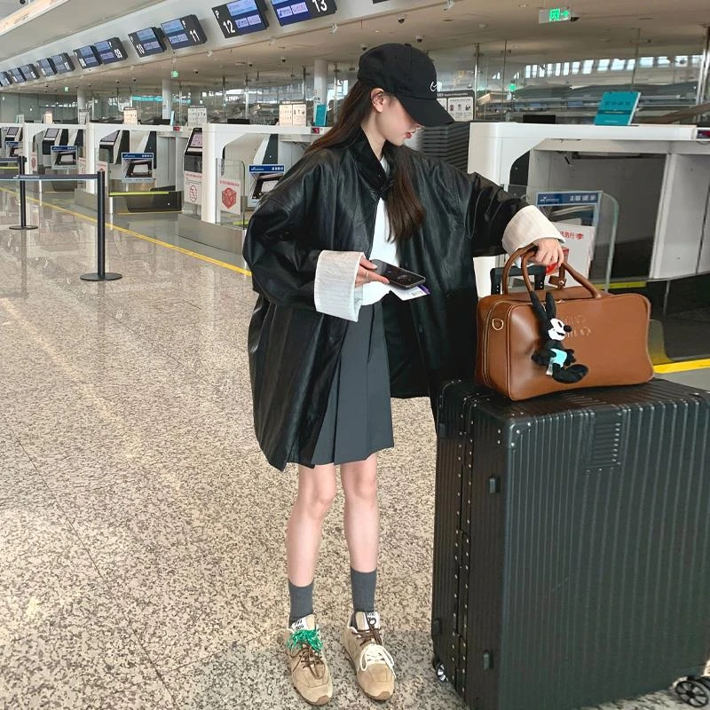 黑色复古皮衣外套女2025年春秋新款韩版老钱风宽松休闲中长款夹克
