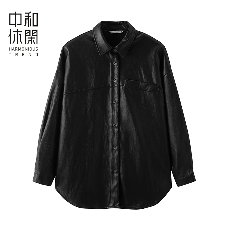 中和休闲黑色衬衫外套女2025春季新款PU皮港风宽松气质长袖上衣潮