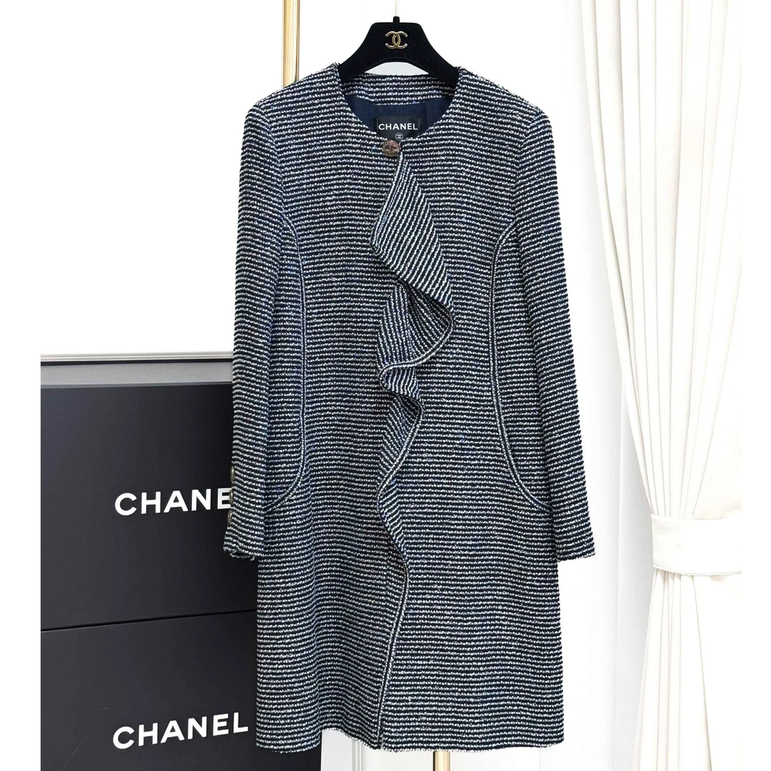 99新 Chanel/香奈儿 38码20C深蓝色条纹中长款外套