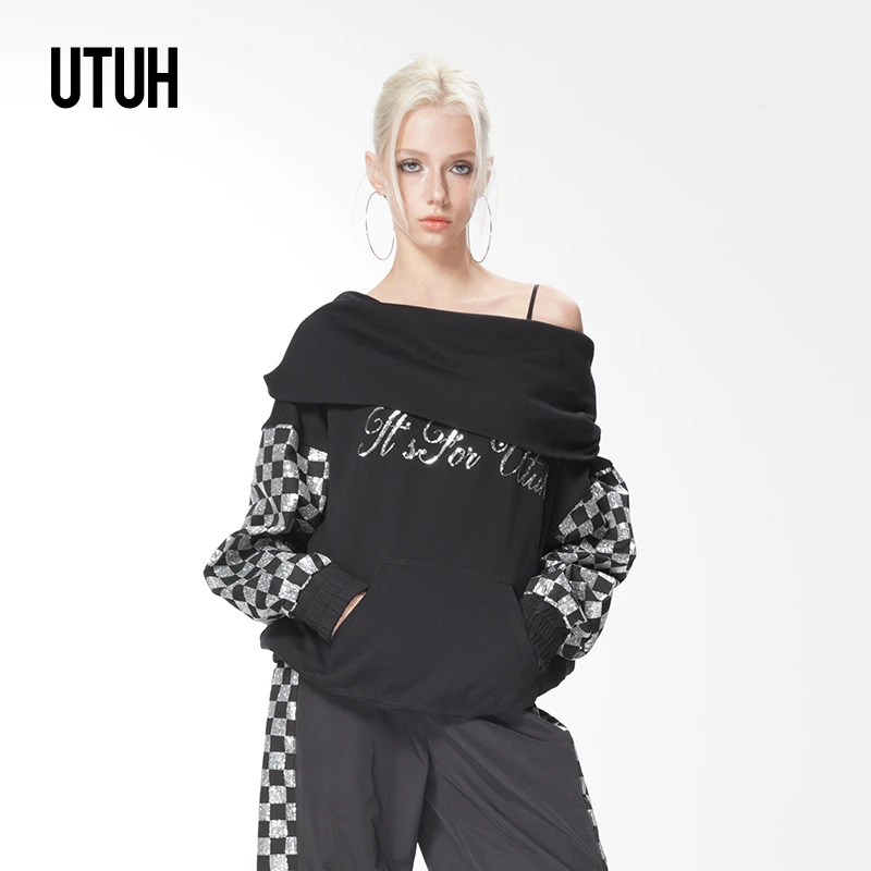 UTUH黑色一字领连帽两穿个性慵懒感气质显瘦拼接卫衣女TDWWS1N003