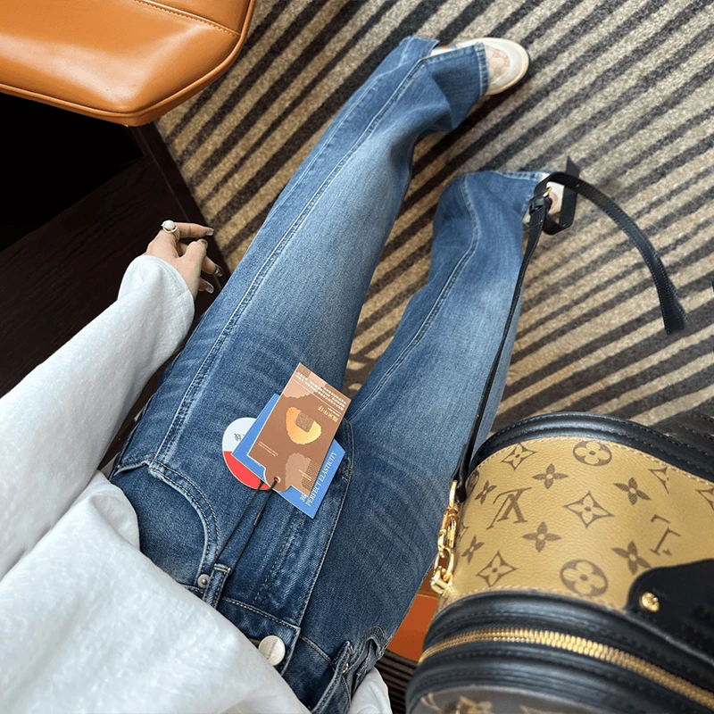 大码窄版开叉高腰宽松阔腿牛仔裤女秋季梨形身材遮胯显瘦直筒裤子