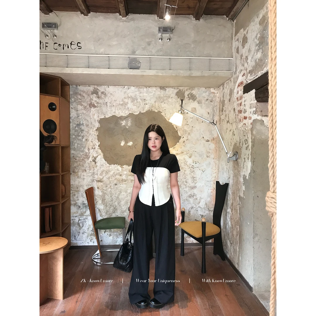 知葵微胖定制【松弛有度】夏季阔腿高腰条纹休闲裤12251XXK7472