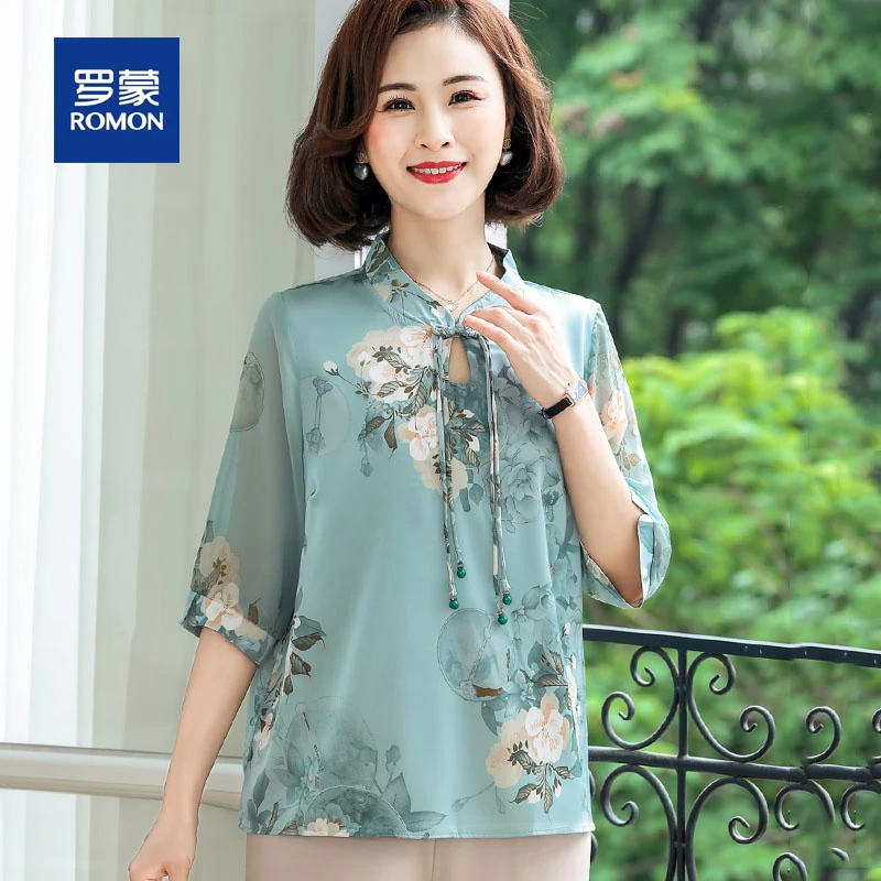 罗蒙中年妈妈夏装中袖雪纺衫套装洋气贵夫人上衣50岁60中老年女装