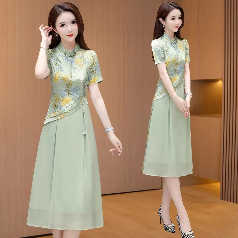 A字裙时尚洋气裙子收腰2025年春中国风复古夏装显瘦短袖印花旗袍