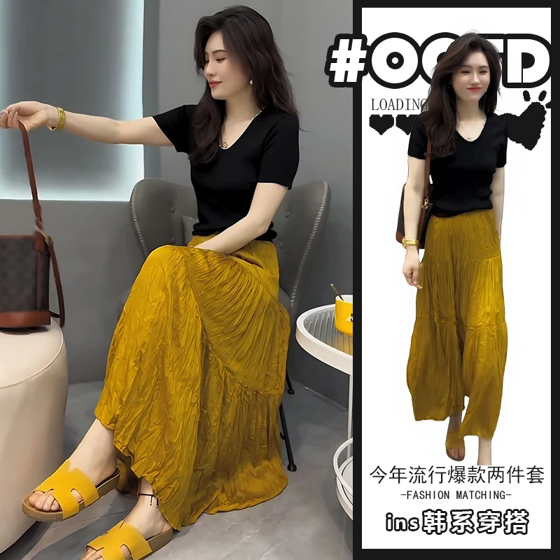 茶系穿搭一整套女夏季新款黑色显瘦百搭针织上衣搭配高腰半身裙潮