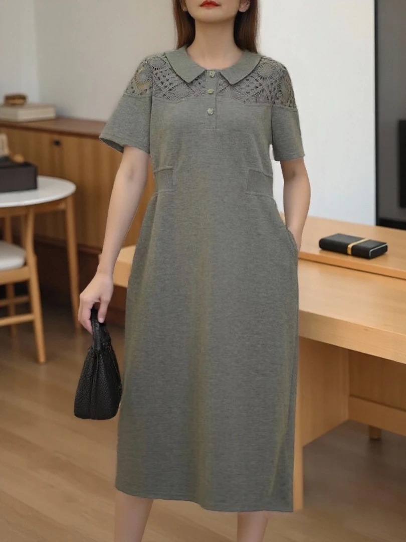006流行时尚连衣裙女2025纯色设计Polo领韩版百搭中长款短袖裙子