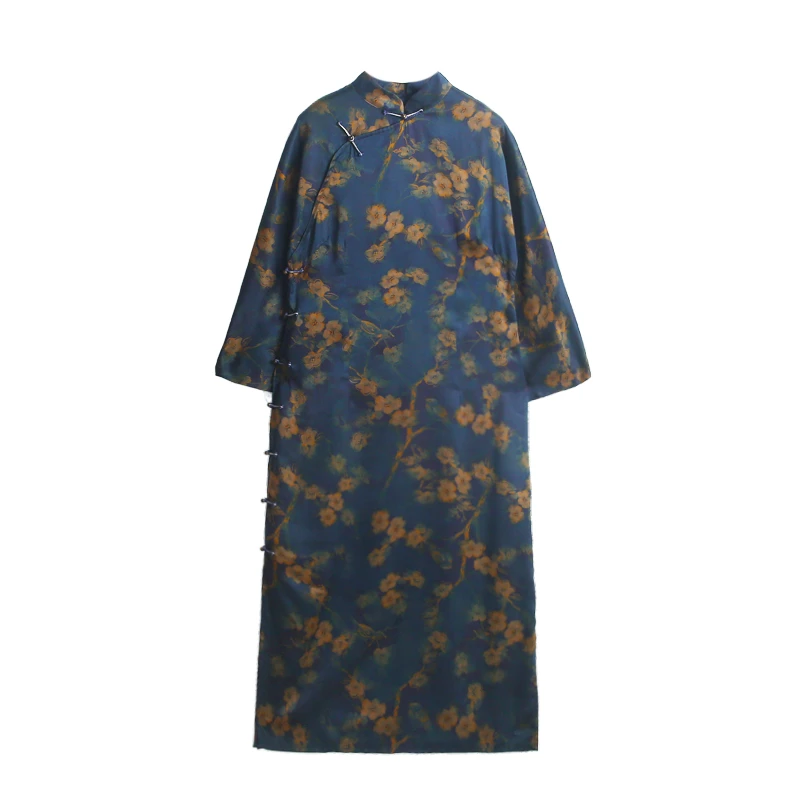 30姆米满分桑蚕丝前喷素绉缎香云纱蓝地金枝梅立领旗袍61689-5