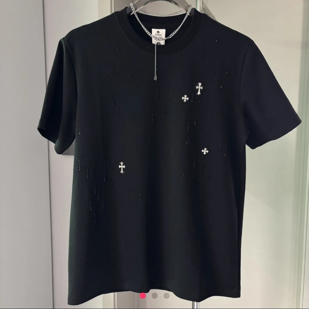 2438#潮款重工压钻落肩圆领轻奢时尚男士短袖