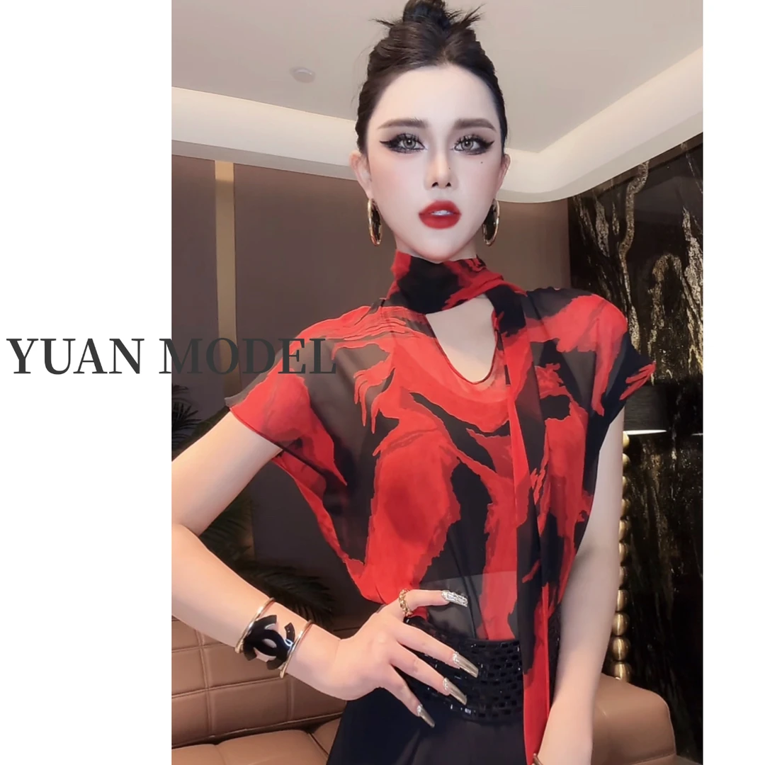 【YUAN MODEL】媛老板-2025夏季时装豹纹飘带衬衫女装上衣050669