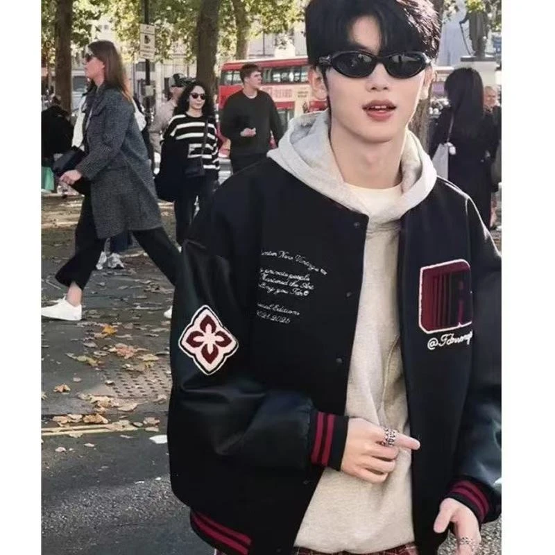 新款徽章拼接刺绣黑色棒球服外套男女美式复古hiphop高街痞帅夹克