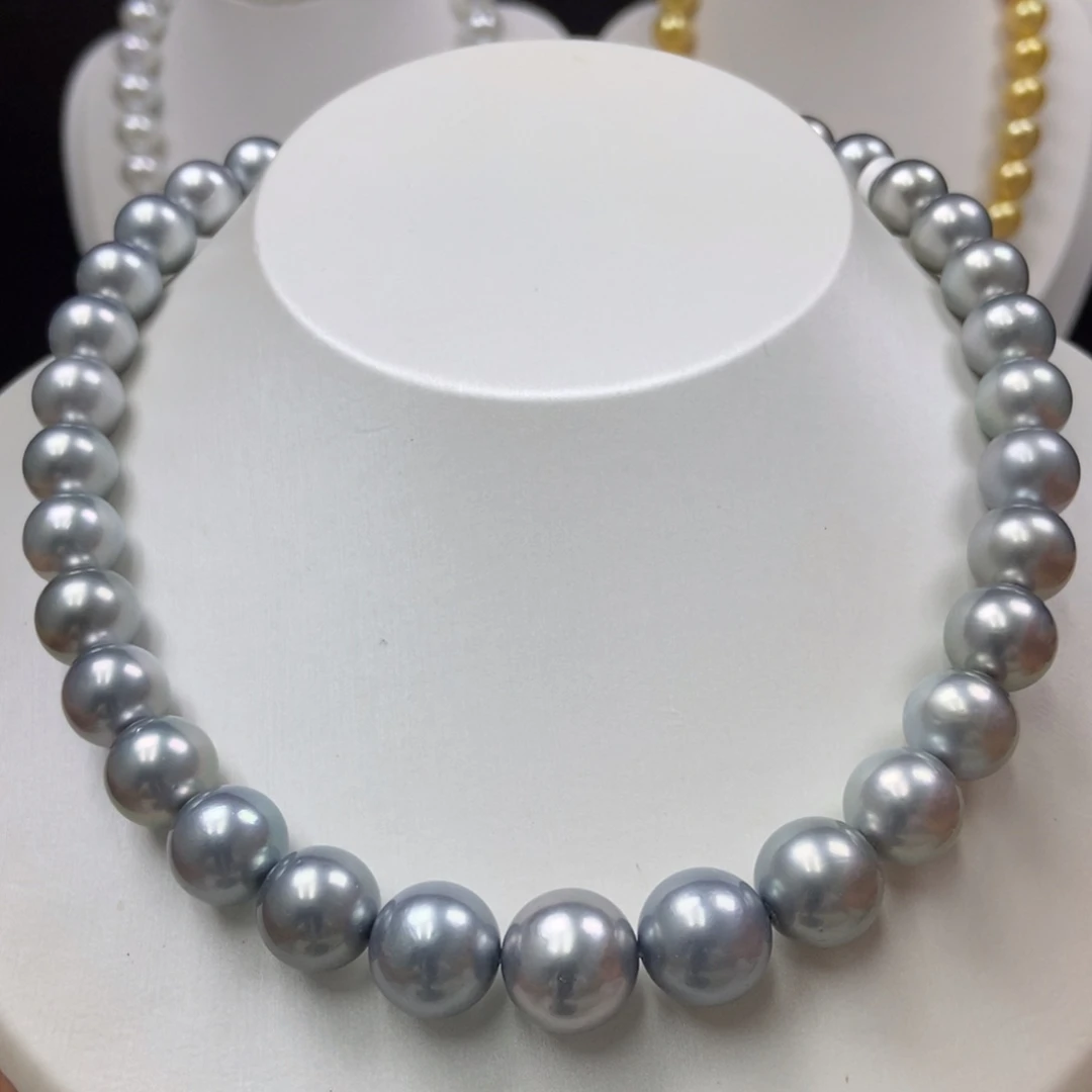 银S925镶嵌海水珍珠颈饰10.2-13.6/35颗  铂金灰