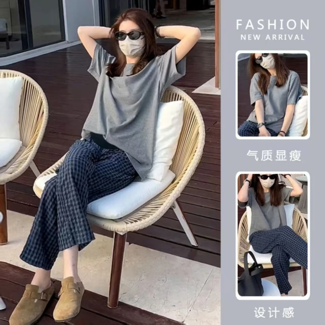 孕妇套装2025夏季裤子百搭灰色T恤宽松托腹阔腿裤休闲孕妇装夏装