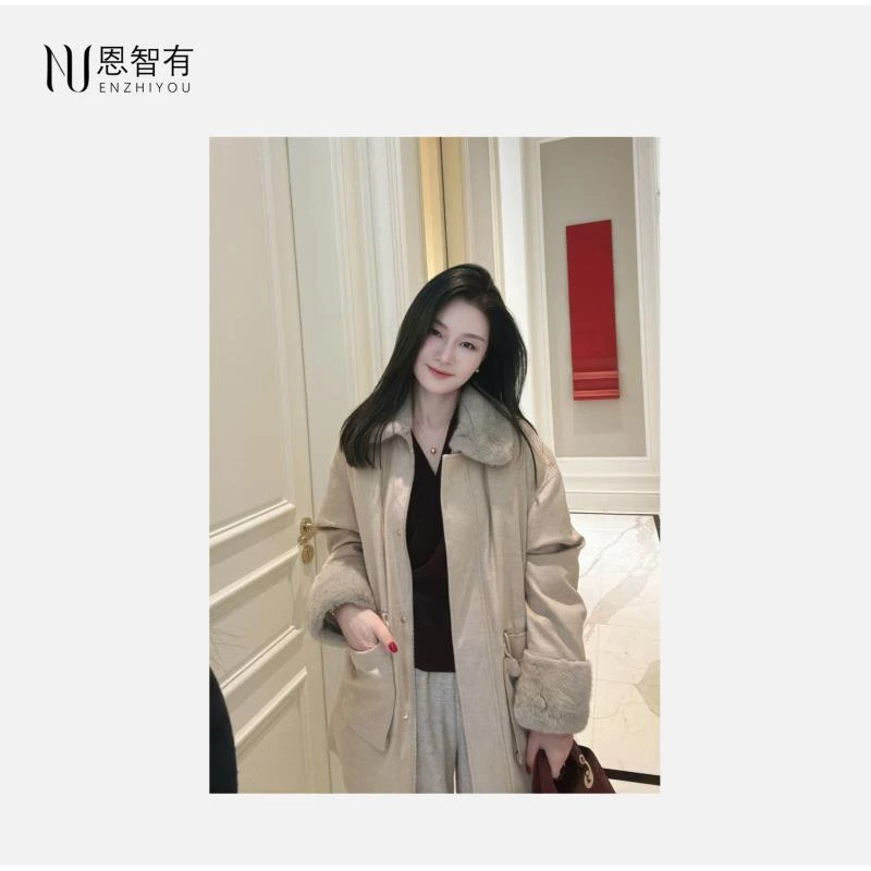 【恩智有皮草】奢牌面料 紫金级银蓝本色水貂毛领 丝驼绒鹅绒羽绒服