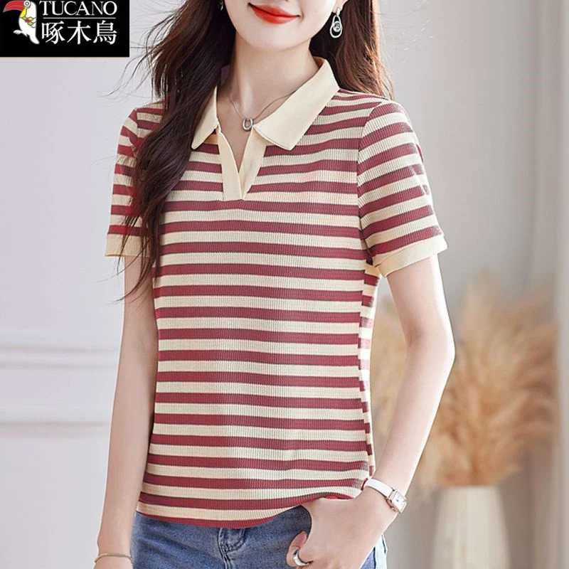 啄木鸟2025年夏季修身翻领套头T恤女士减龄新款短袖条纹拼接上衣