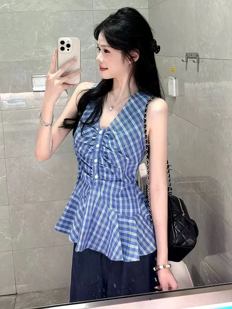 法式V领格子背心女2025夏季纯欲风辣妹无袖衬衫上衣
