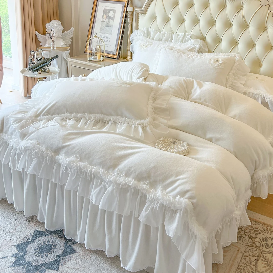 法式冬季白色牛奶绒四件套蕾丝珊瑚绒双面绒仙女被套公主风床裙款