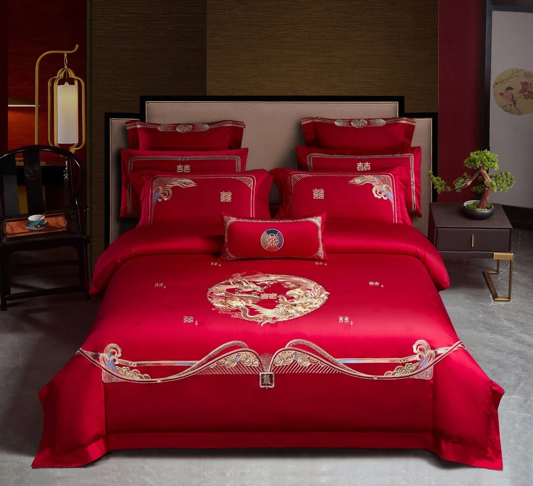 登喜鸟盛世龙凤新刺绣大红色高档婚庆套件喜庆婚房结婚结婚四件套