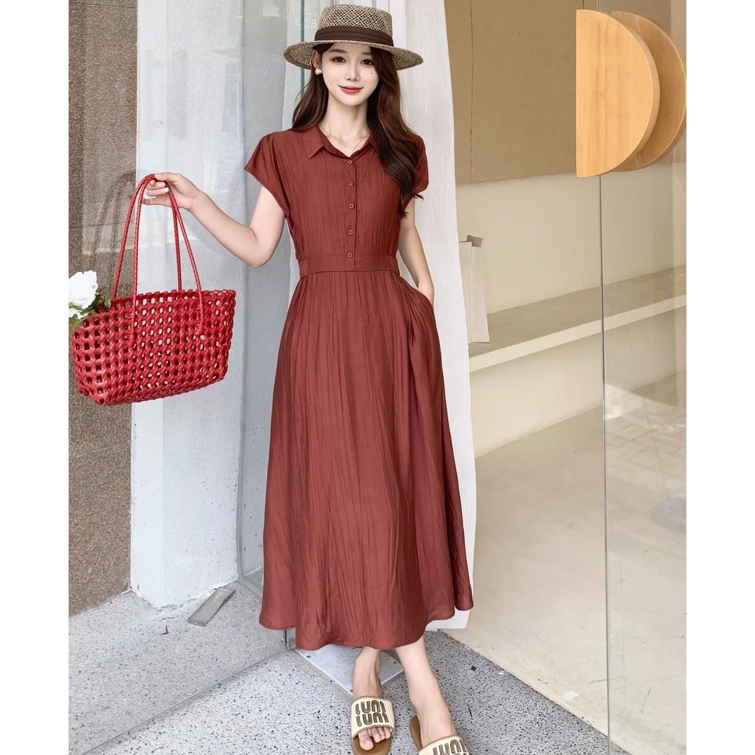 无印心匠K1748法式A字裙单排多扣中长款收腰气质连衣裙夏季B663