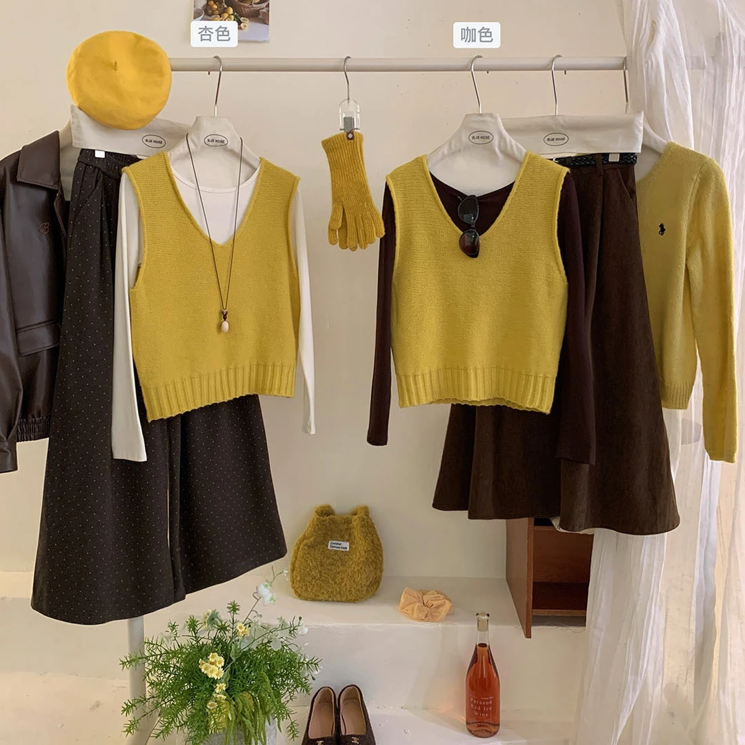 韩国超火显白黄咖撞色针织马甲上衣女秋季叠穿T恤坎肩背心两件套