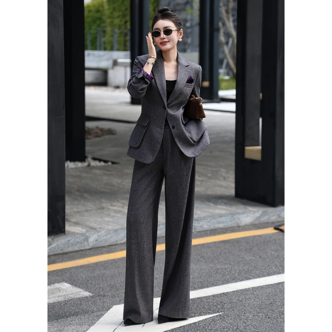 2025秋冬高级肌理纹气质灰撞紫高档品质休闲通勤商务套装裤两件套