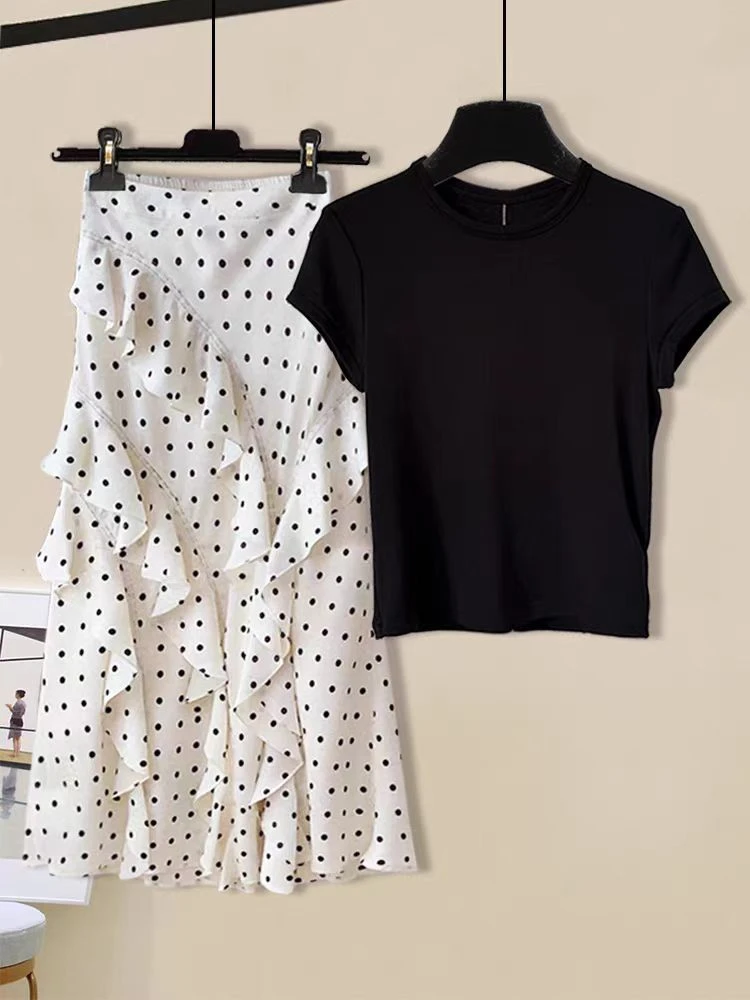 2025夏季女装时尚气质套装黑色t恤高级感荷叶边波点半身裙两件套