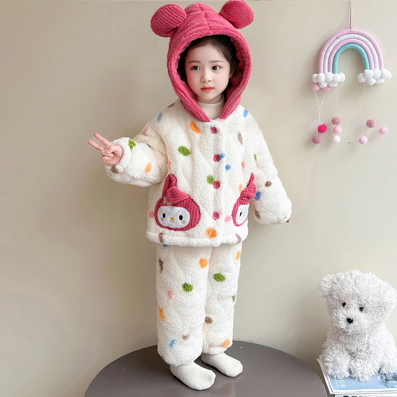 女童珊瑚绒睡衣儿童夹棉加厚三层保暖套装女宝宝加绒法兰绒家居服