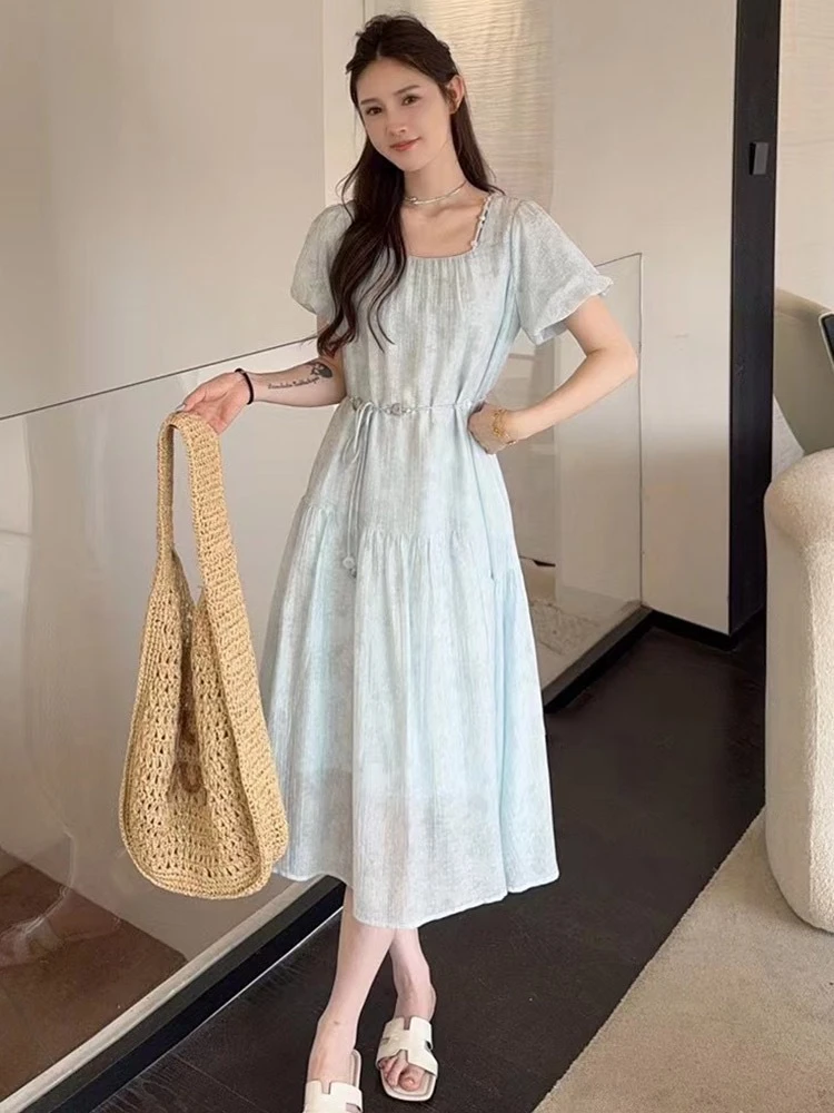 夏季新款韩系提花领口串珠圆领收腰显瘦中长连衣裙