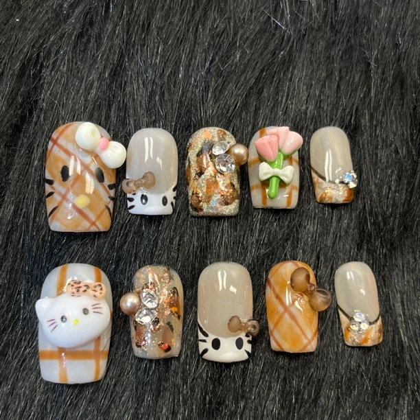 桃加 高定纯手工手绘豹纹可爱kitty手工光疗美甲穿戴甲显白可定制