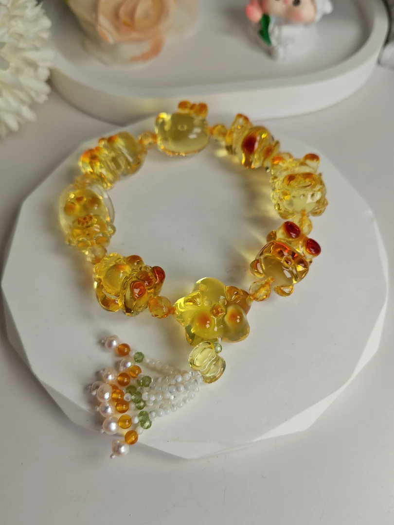 天然琥珀蜜蜡雕刻件，金珀多宝手串