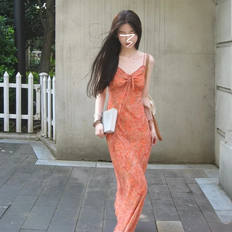 茶歇法式碎花吊带裙女夏小个子海边度假气质长裙2895