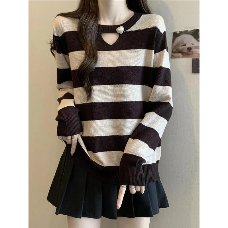 大码高级感条纹针织打底衫女装胖mm早秋巨好看的显瘦遮肚长袖上衣