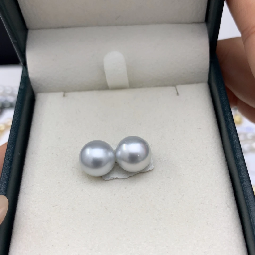 海水珍珠裸珠10-11mm强光铂金灰对珠