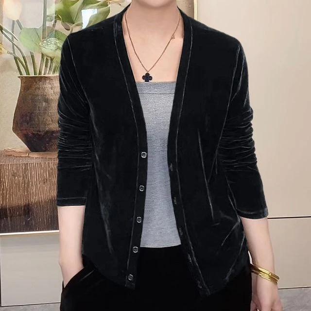 金丝绒V领长袖外套新款秋季时尚洋气开衫宽松显瘦百搭上衣女