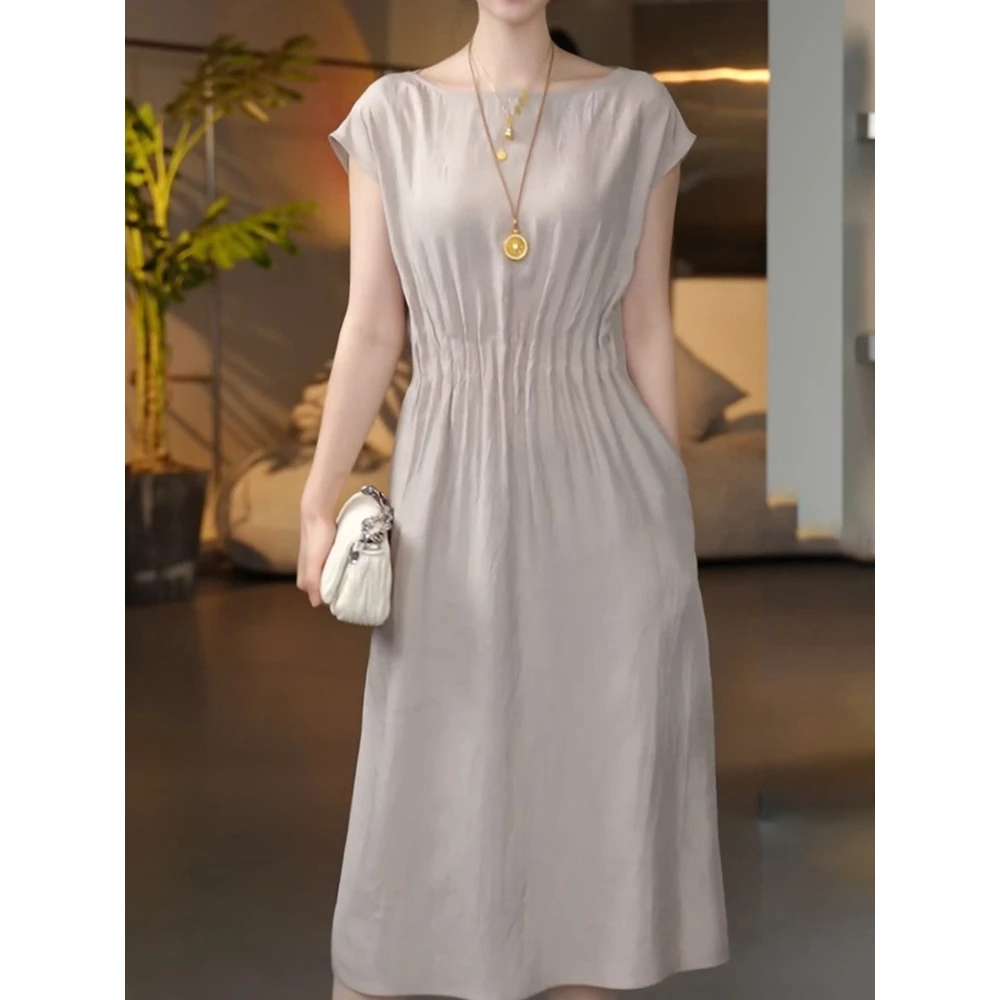 法式时尚典雅纯色圆领连衣裙2025夏季新款洋气减龄显瘦短袖A字裙