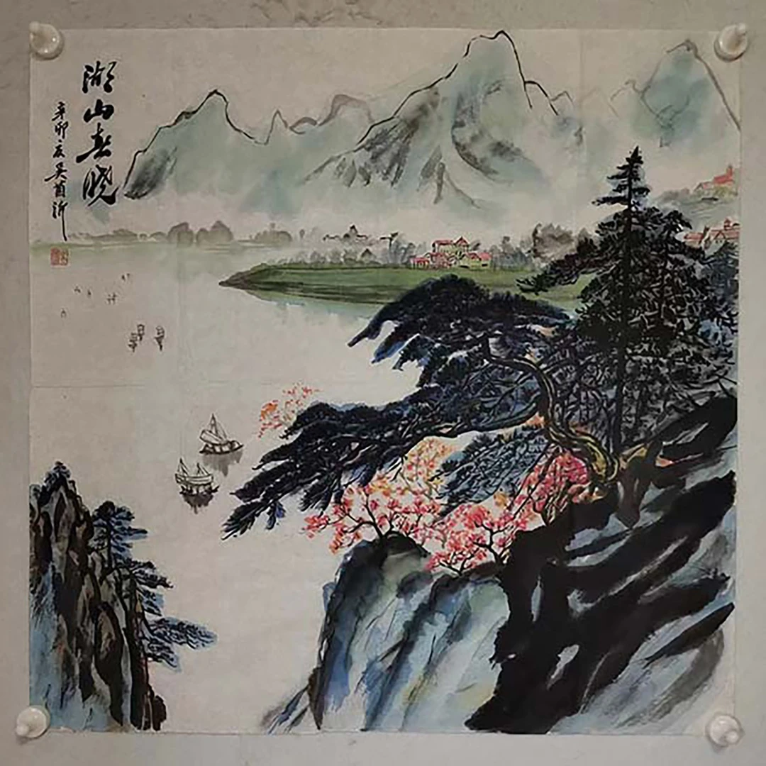 4139 纯手绘老字画《湖山春晓》斗方  尺寸 68×68