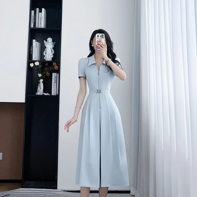 拉夏贝尔2025夏新休闲设计师知性风优雅收腰显瘦连衣裙 10447 QXJ