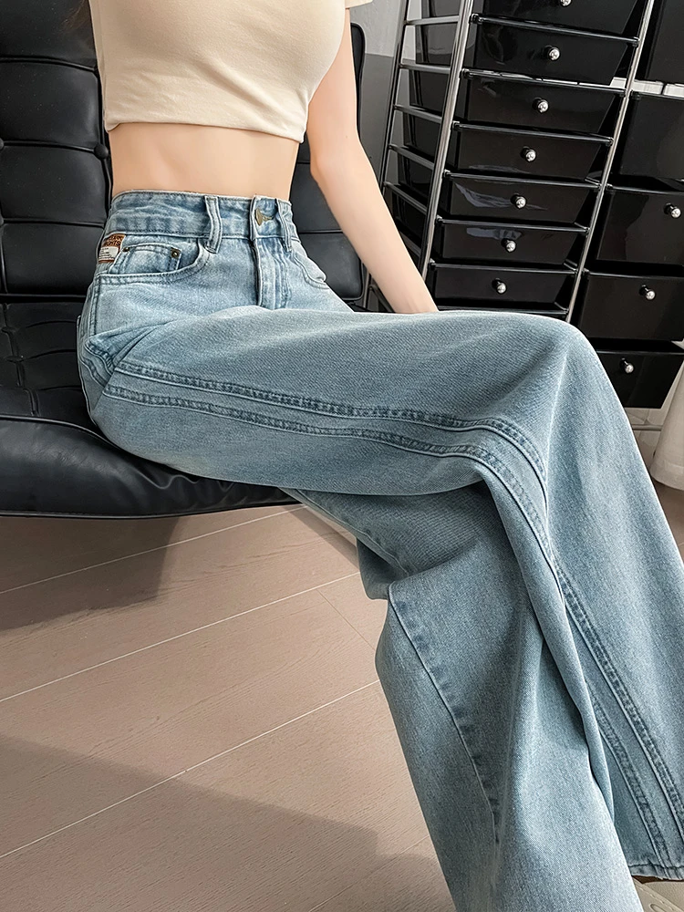 高腰阔腿牛仔裤女夏季2025年新款休闲宽松小个子浅蓝色直筒裤子女