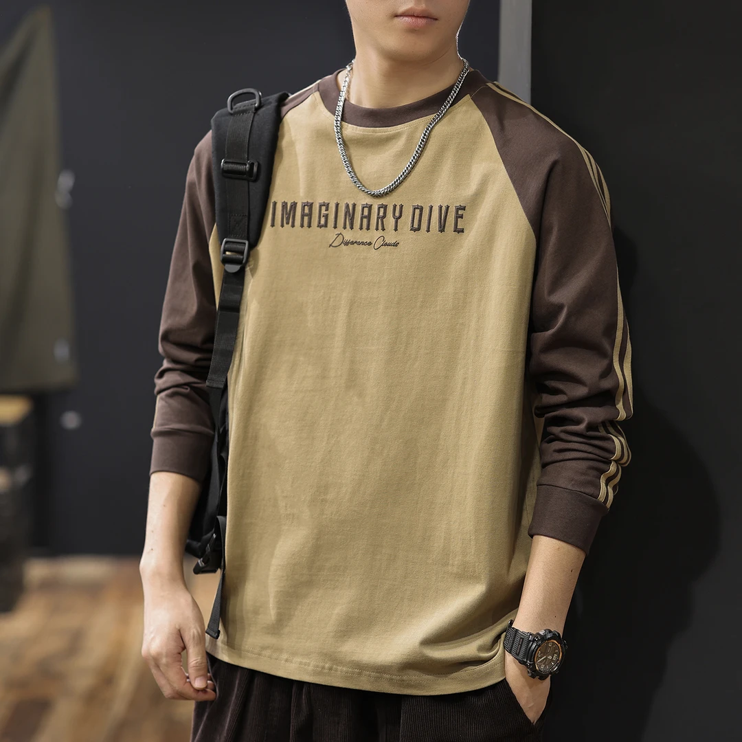 MR.MUDI/穆迪先生美式插肩袖拼接长袖T恤男士秋季新款宽松打底衫