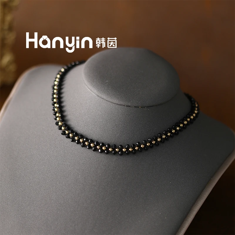 钛钢仿水晶项链 38cm黑色时尚千金风宴会米珠拼接项链颈链