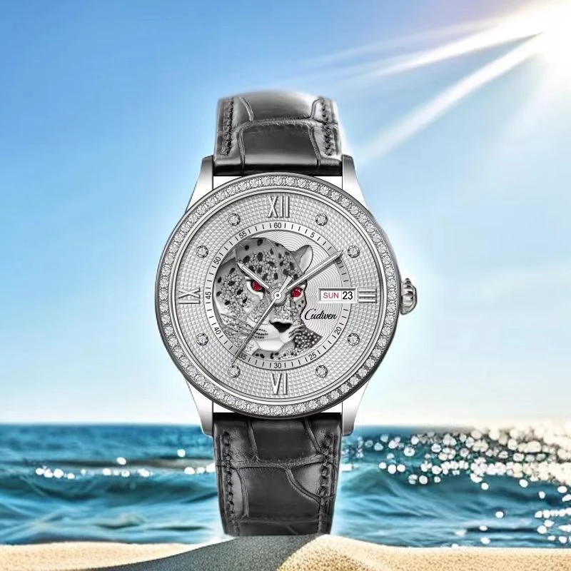 Cudiven奢华猎豹满钻牙圈双历男士潮流防水夜光机械手表通e300014