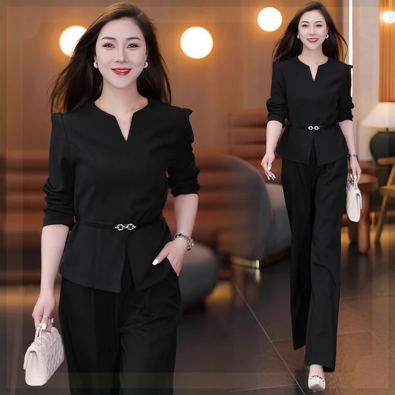 2025女春秋新款洋气质时尚收腰显瘦V领系带上衣高腰阔腿裤两件套