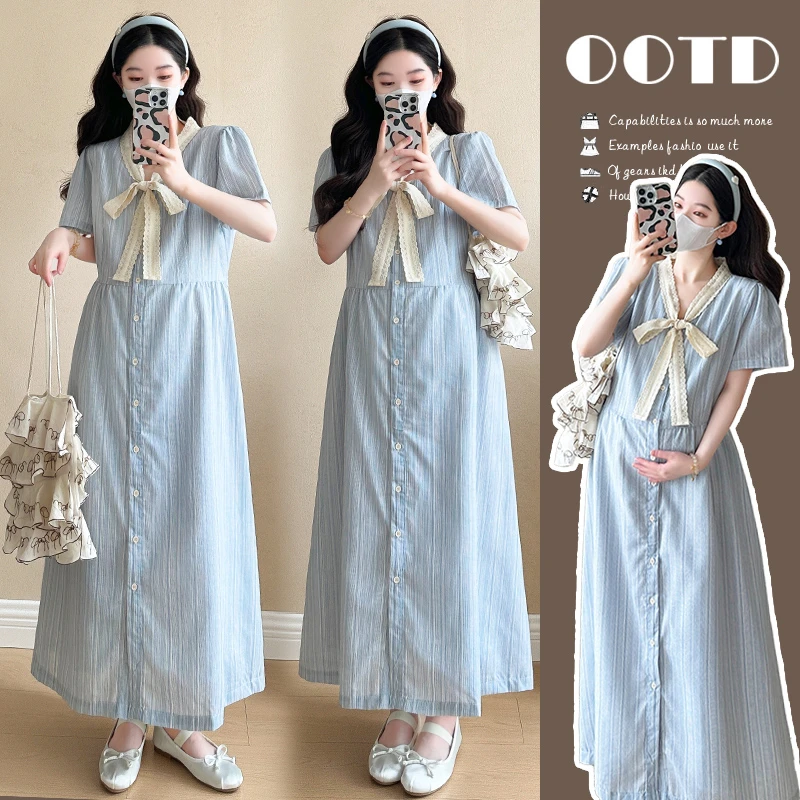 新品2025法式设计感宽松蝴蝶结大码长款孕妇连衣裙